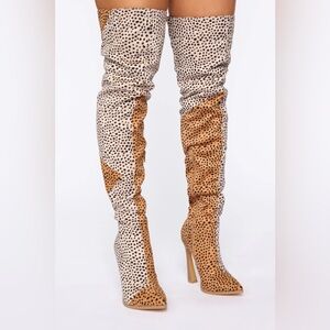 Fashion Nova Black and Tan Over-the-Knee Boots